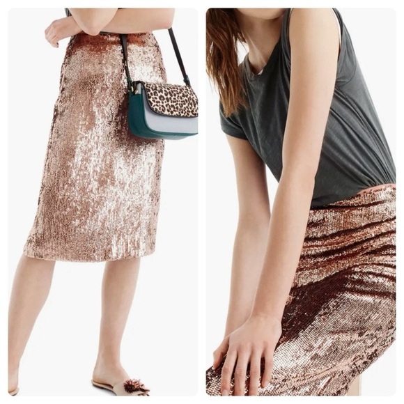 J.Crew Rose Gold Pink Sequin Pencil Skirt F9233 New! Size 0